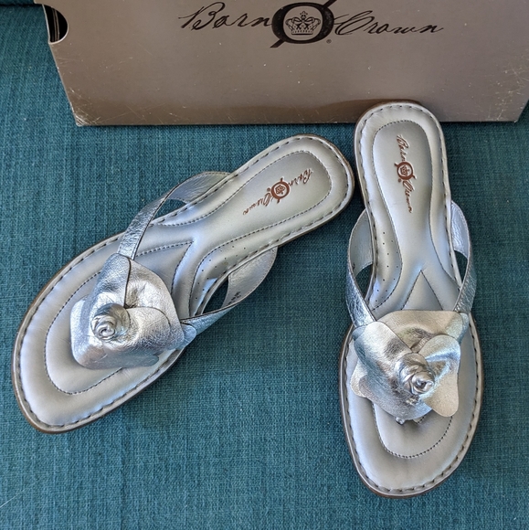 Born Shoes - Born Silver Sandals with Shiny Strap and Elegant Ornament